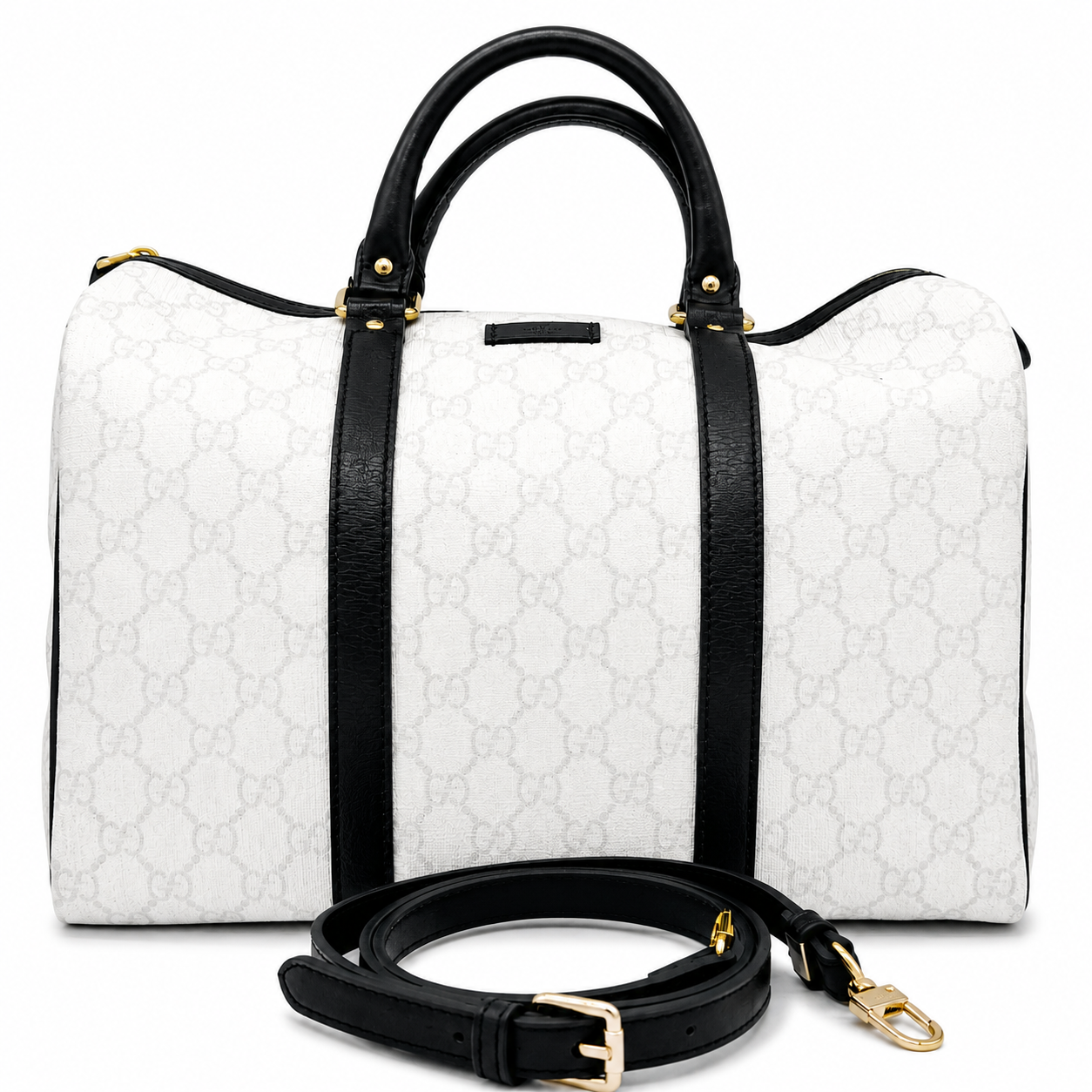 Gucci Medium GG Supreme Joy Boston Bag White Black Trim Strap
