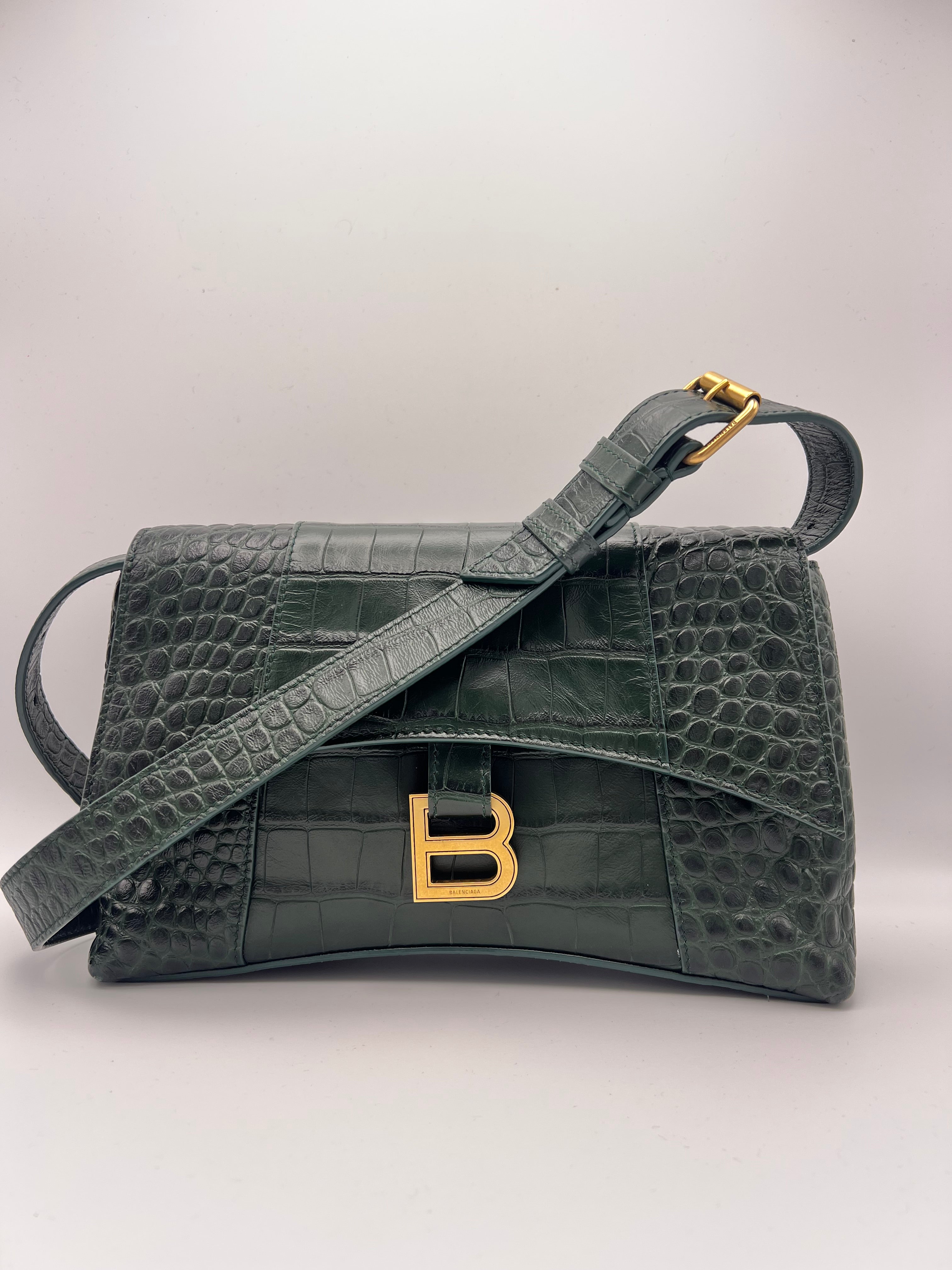 Balenciaga Downtown XS Croc Embossed Leather Shoulder Bag Forest Green