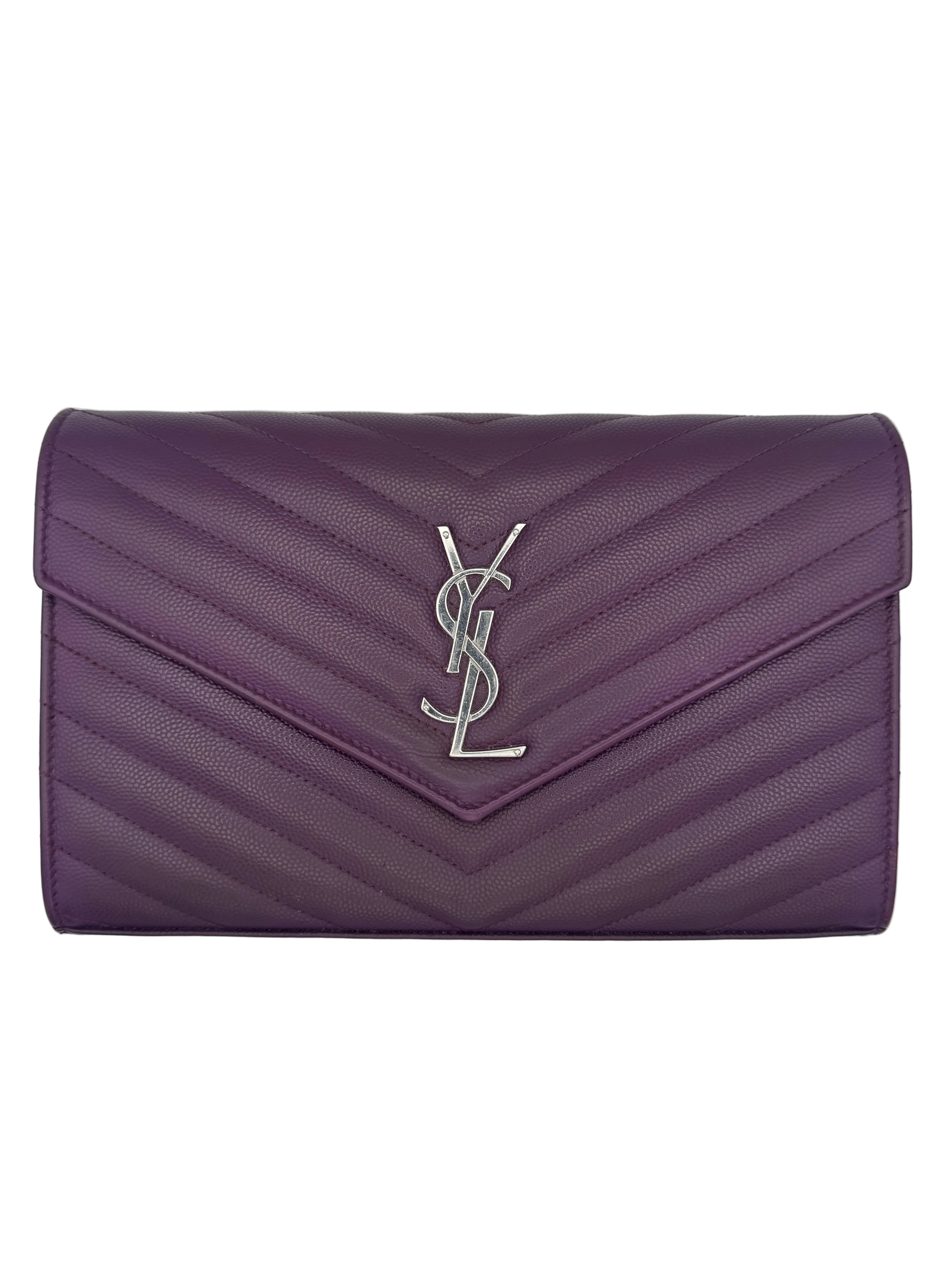 Saint Laurent Cassandre Envelope Chain Wallet Purple Chevron Grain de Poudre Leather WOC