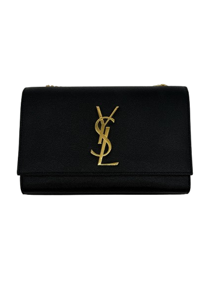 Saint Laurent Kate Black Grain de Poudre Leather Chain Wallet Clutch Gold YSL Logo