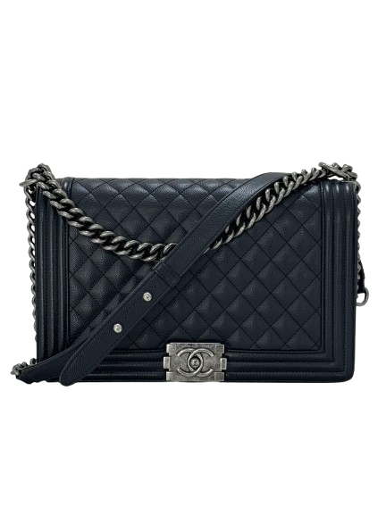 Chanel Boy Large Black Quilted Caviar Leather Bag with Aged Ruthenium Hardware