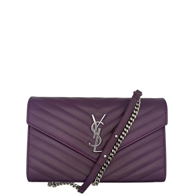 Saint Laurent Cassandre Envelope Chain Wallet Purple Chevron Grain de Poudre Leather WOC