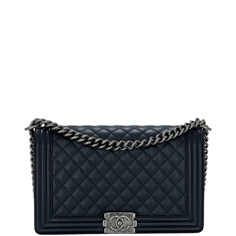 Chanel Boy Large Black Quilted Caviar Leather Bag with Aged Ruthenium Hardware